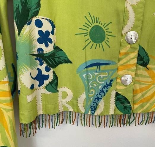 Mango  Bay Green Tropical Beaded Fringe Button Up Blouse Medium