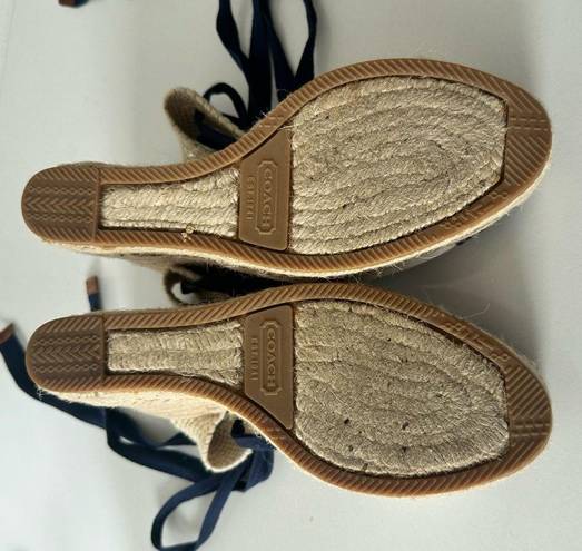 Coach  Fern Navy/Tan/Chalk Ankle Wrap Espadrille Platform Wedges Size 7