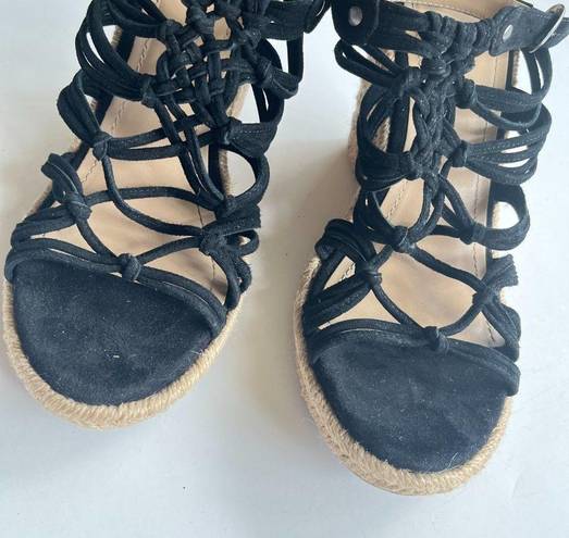 Johnston & Murphy  | Mindy Braided Jute Wedge Sandals Black Suede Womens …