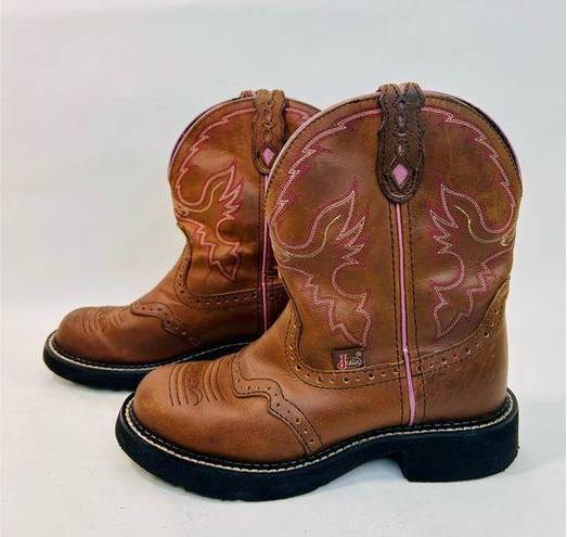 Justin Boots JUSTIN GYPSY Gemma Brown Leather Pink Embroidery Western Boots L9903 size 7B