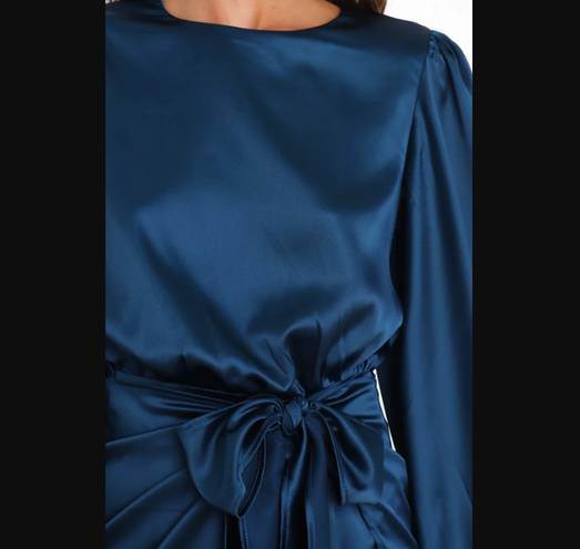 Petal and Pup  Opal Navy Blue Satin Long Balloon Sleeve Wrap Mini Dress 4