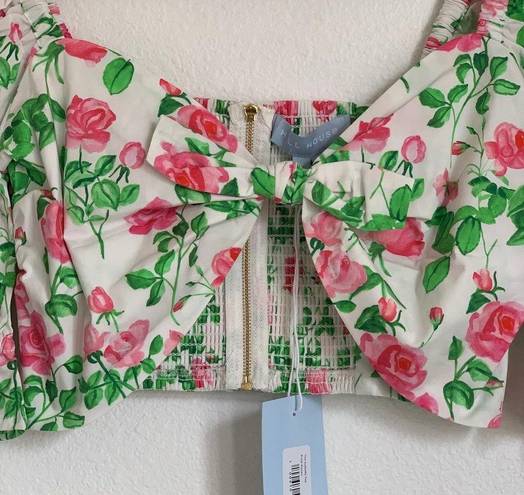 Hill House NWT  Home Puff Sleeve Floral Bow Crop Top in White/Pink