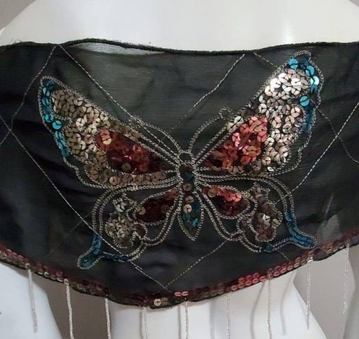 Boho Butterfly Sequined Shawl with Beaded Tassels Black