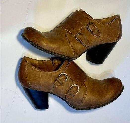 Born concept B.O.C. Brown Leather Buckle Oxford Ankle Boots Booties Heel Sz 8.5
