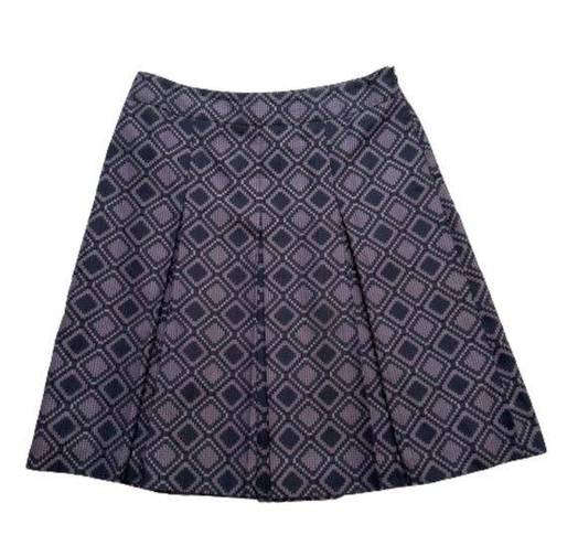 Ann Taylor  Skirt Purple Black Geo Print Silk Cotton Pleated Knee Length Size 8