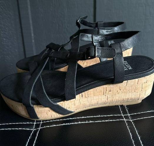 Eileen Fisher  Array Black Strappy Cork Wedge Platform Sandals Size 8