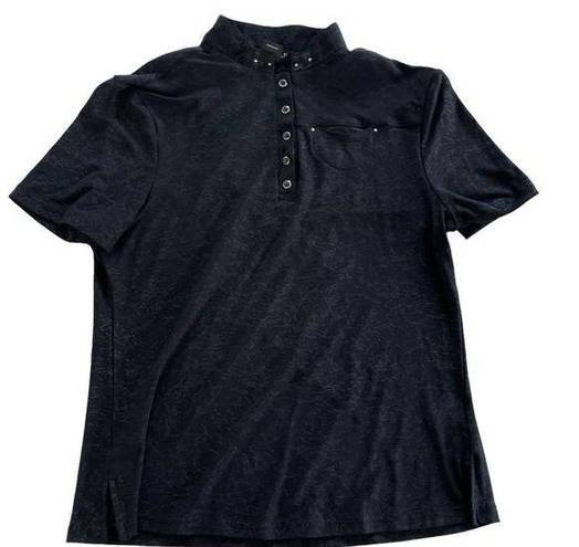 DKNY  Shirt Women Small Black Printed Short Sleeve Button Collared Golf Polo Poly