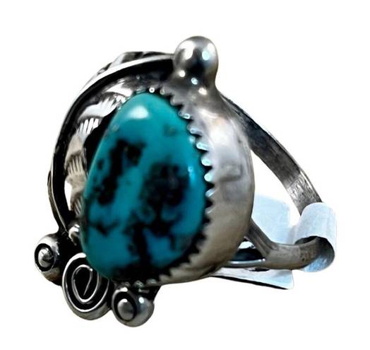 Vintage Blue  Turquoise Ring, Sterling Silver Native American Navajo Ring Sz 7.75