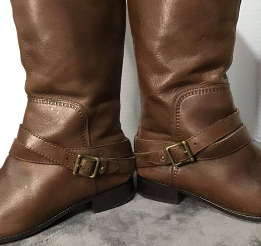 Fossil  Zena back zipper wide calf Brown Tall Leather Buckle Strap riding boots