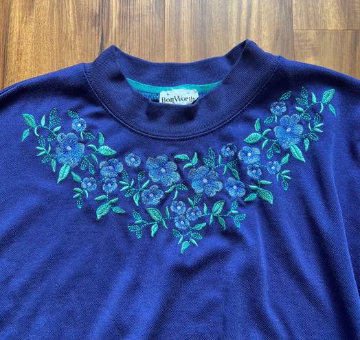 Bonworth Vintage cottagecore blue mock neck sweater Bon Worth floral embroidery yoke