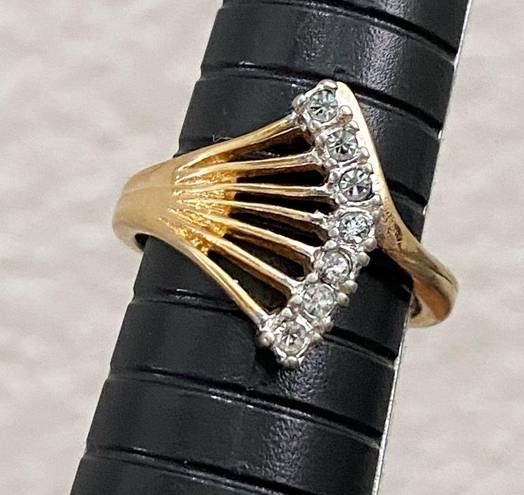 Vintage 18K HGE Gold plated Clear Stone Fan Ring Size 7