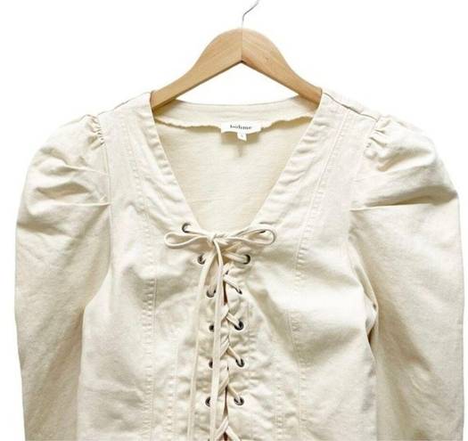 Bohme  Micah Corset Top Puff Sleeve Lace Up Denim Blouse Ivory Cream Size Small