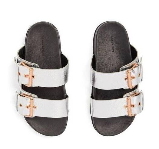 ALLSAINTS  Sz 7 Sian Leather Metallic Silver Slide Sandals Double Buckle