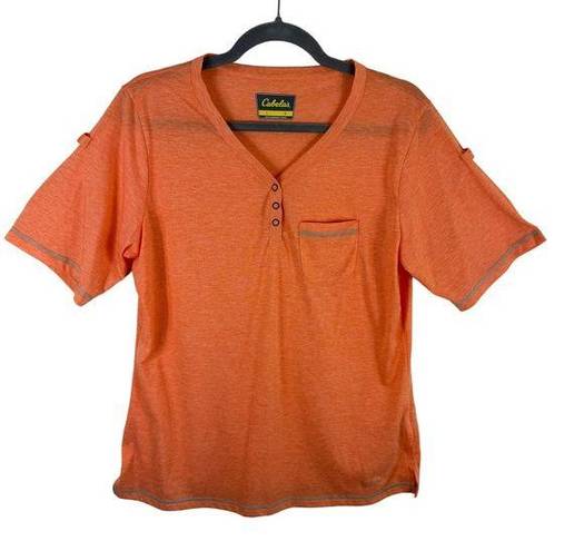 Cabela's  Orange Short Sleeve V-Neck 1/4 Snap Cuffed Sleeve Lightweight T-Shirt L