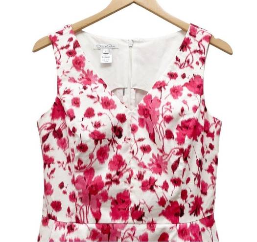 Oscar de la Renta  Pink & White Floral Stretch Cotton A-Line Dress Women’s Size 6