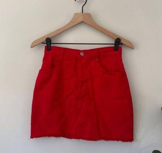 Brandy Melville John Galt  Red Denim Jean Mini Skirt Raw Frayed Hem Button Fly S