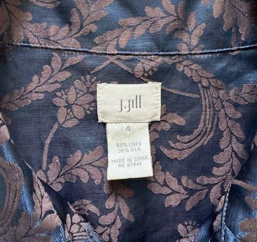 J.Jill  Jacket Top Blue Brown Scroll Linen Silk Blend Lightweight Jacket Size 4