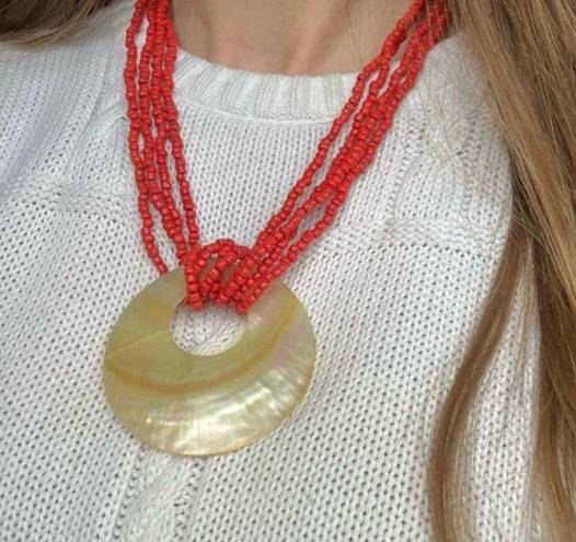 American Vintage Vintage “Naida” Coral and Seashell Beaded Necklace Beachy Nautical Holiday Vacation