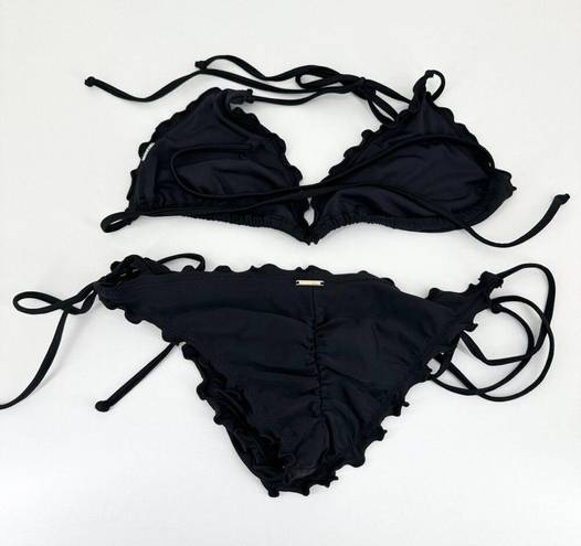 Relleciga  Bikini Womens Small Black Ruffle Triangle Swim Suit Strappy Tie Solid