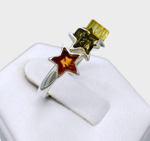 Sterling Silver Genuine Baltic Amber Stars Ring - Sz 8