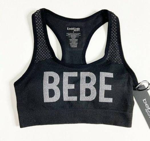 Bebe  | Racerback Sports Bra Black Chest Logo Removable Pads Moisture Wick Sz S