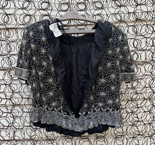 Adrianna Papell Vintage  Boutique Evening Black Silk Beaded Daisy Floral Blouse