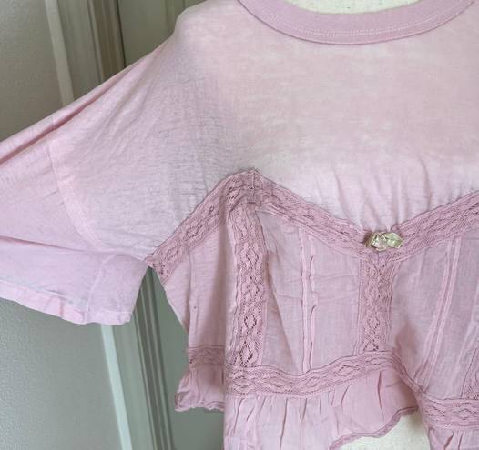 Free People mixed media ruffle tee pink NWT Fall in Love XL