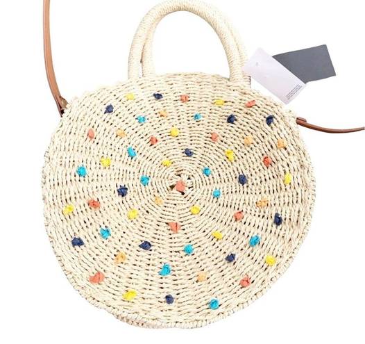 The Loft  Outlet Rattan Wicker Circle Purse Colorful Pom Poms Shoulder Bag NWT OS