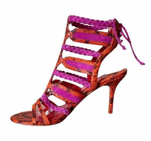 Brian Atwood  Felisa Sandals Mixed Media Strappy Braided Leather Orange Pink 7