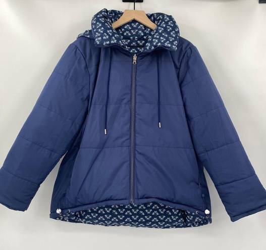 Hill House  Edie Reversible Puffer Jacket Two Sided Zip Coat Posies Navy Womens S