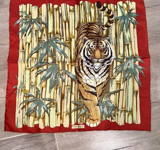 Salvatore Ferragamo RARE  Italy 16" Square Silk Scarf Tiger Walking In Bamboo