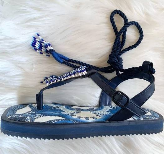 Farm Rio  Blue Tile Beaded Flat Lace Up Sandals Blue Size 6 NEW WITHOUT BOX