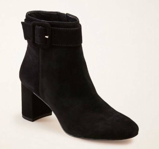 Ann Taylor Black Suede Nettie Buckle Heeled Bootie Boots Heels