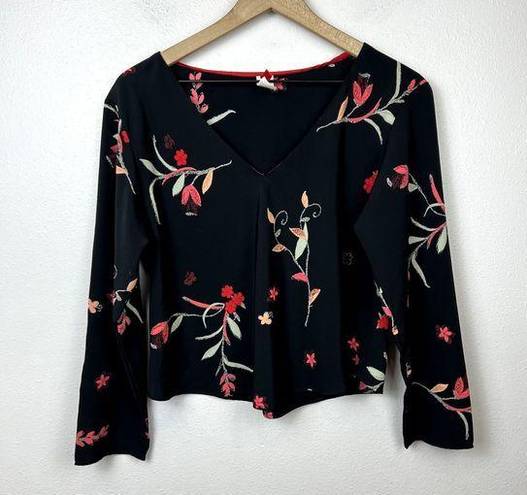 Natori Vintage Josie  Y2K Floral Cropped Top Size M Asian Floral Long Sleeve