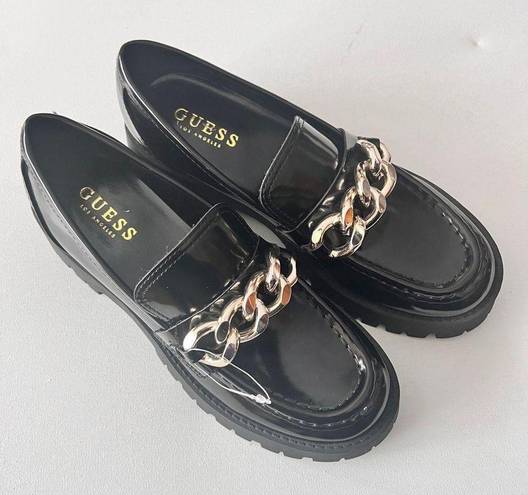 Guess  Women's Hillford Shiny Black Faux Leather Platform Chunky  Loafers Sz 7.5