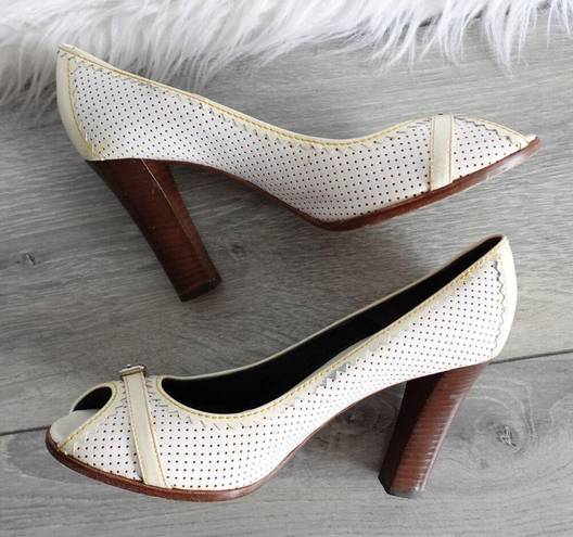 Fendi  Ivory Perforated Leather Buckle Peep Toe Wooden High Heels