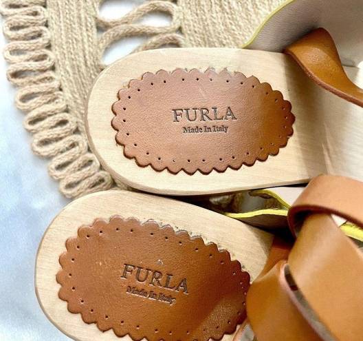 Furla  Yellow Calfhair Brown Leather Gina Wooden Clog Sandal Size 38