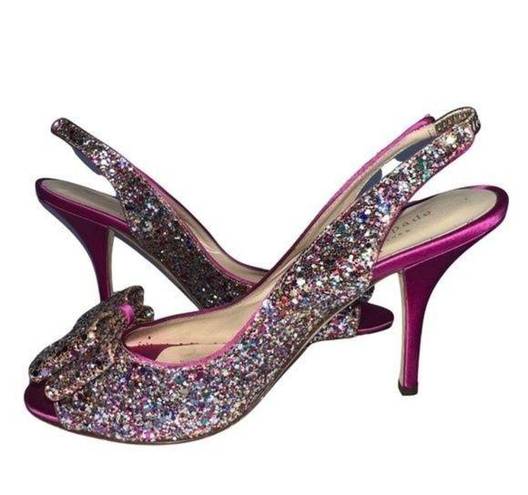 Kate Spade Charm Multi Sparkle Glitter Hot Pink Slingback Bow Heels