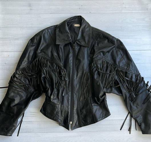Vintage 80s Oversized Black Leather Fringe Jacket M Size M