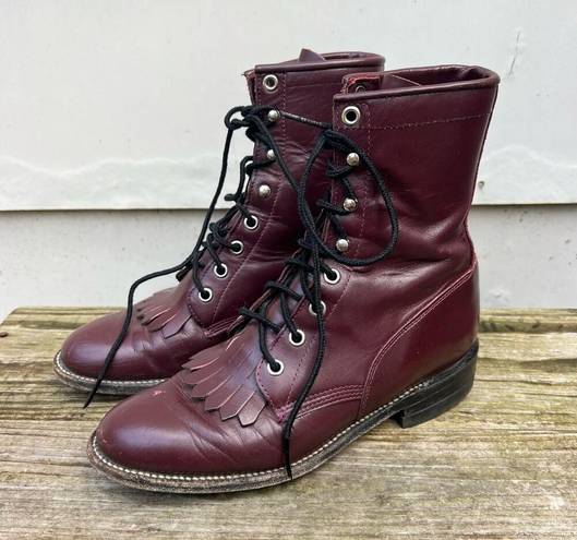 Justin Boots Vintage 80s  Dark Cherry Lace Up Roper Kilte Fringe Cowgirl 5.5B