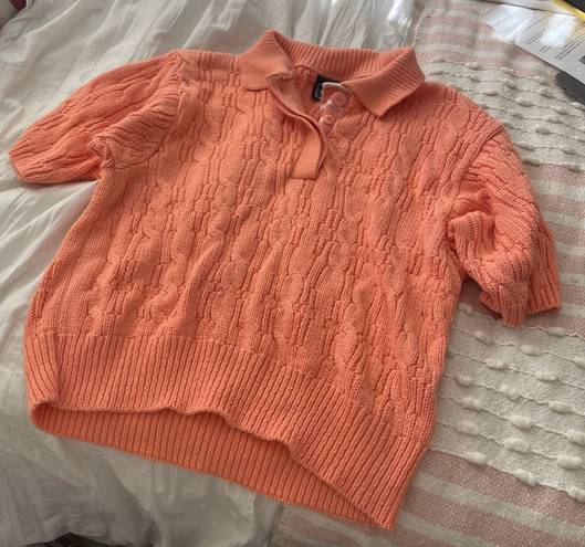 Vintage Light Orange Coral Cable Knit Collared Short Sleeve Top