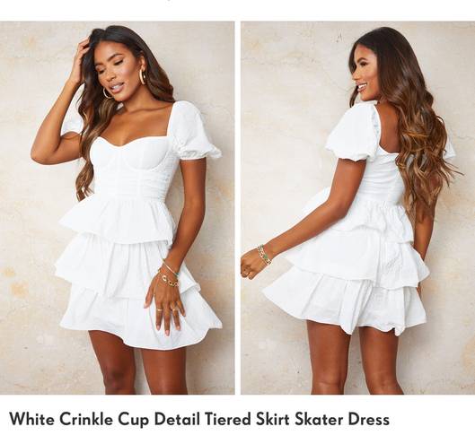 Pretty Little Thing White Crinkle Cup Detail Tiered Skirt Skater Dress