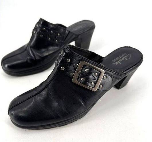 Clarks  Women's Leather Slip-On Bendables Buckle Studded Mule Shoes Black Size 8M