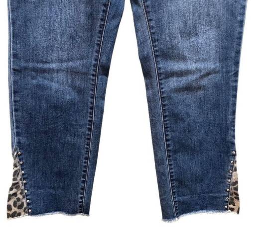 INC  Straight Leg Cropped Leopard Print Patched Raw Hem Denim Blue Jeans Size 10