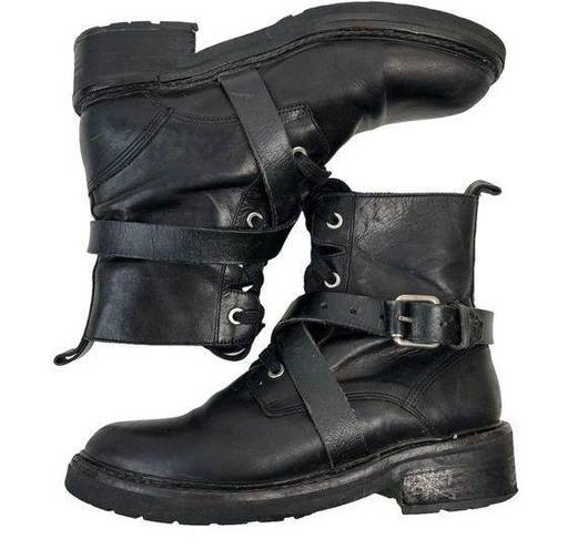 All Saints Size 36 5 Combat Boots Black Leather Criss Cross Buckle Strap READ