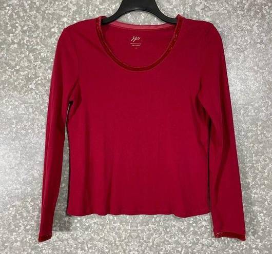 J.Jill  Red Velvet Trimmed Tee Long Sleeve T-Shirt - Size Small - Scoop Neck Top