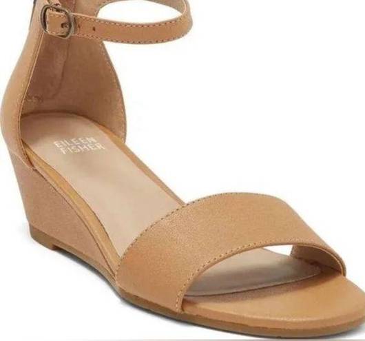 Eileen Fisher NWOT  Womens Honey Leather Mara Ankle Strap Wedge Sandal
