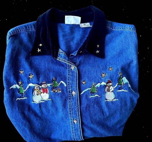 Basic Editions  Plus Snowman Denim Shirt 18W Blue Embroidered  Vintage Ch…