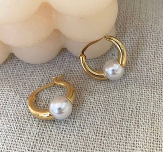 18K Gold Plated White Pearl Hoop Earrings for Women, Pearl Earrings