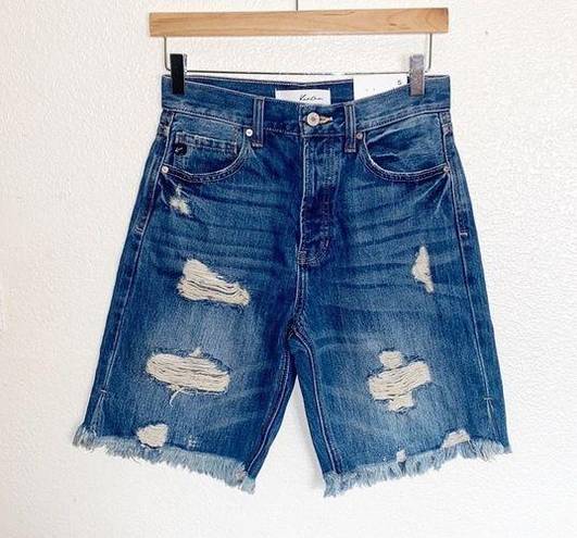 Bermuda KanCan Dark Wash Distressed  High Waist Button Fly Raw Hem Jean Shorts